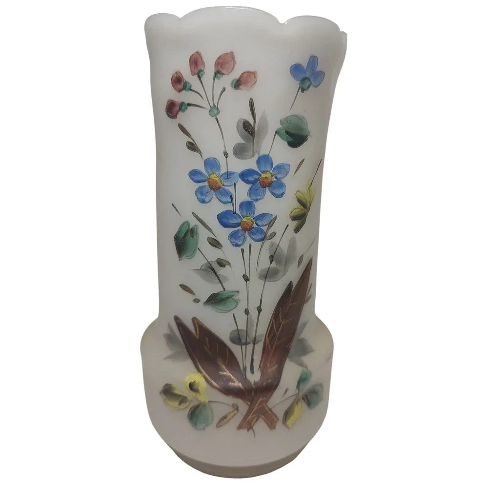 Antique Bristol Glass Vase Hand Painted Floral Decorative Victorian Ruffled SEE